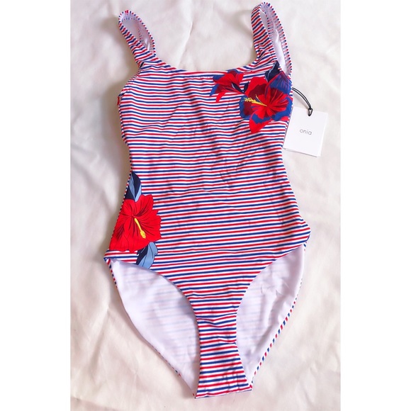 Anthropologie Onia Kelly Hibiscus Stripe Swimsuit - Picture 2 of 6